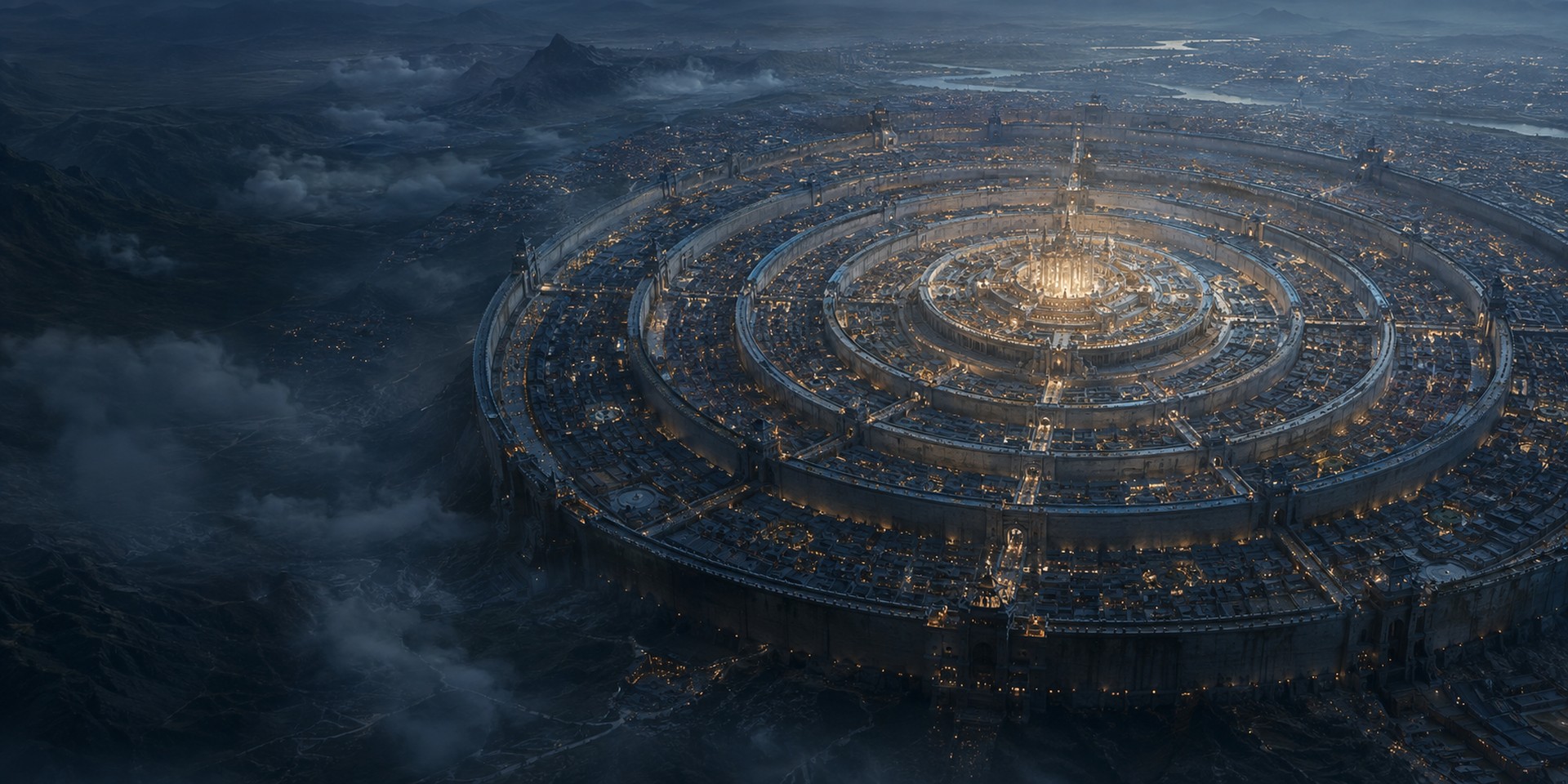 Conceptual aerial view of a vast terrestrial civilization arranged in concentric walled rings at blue hour